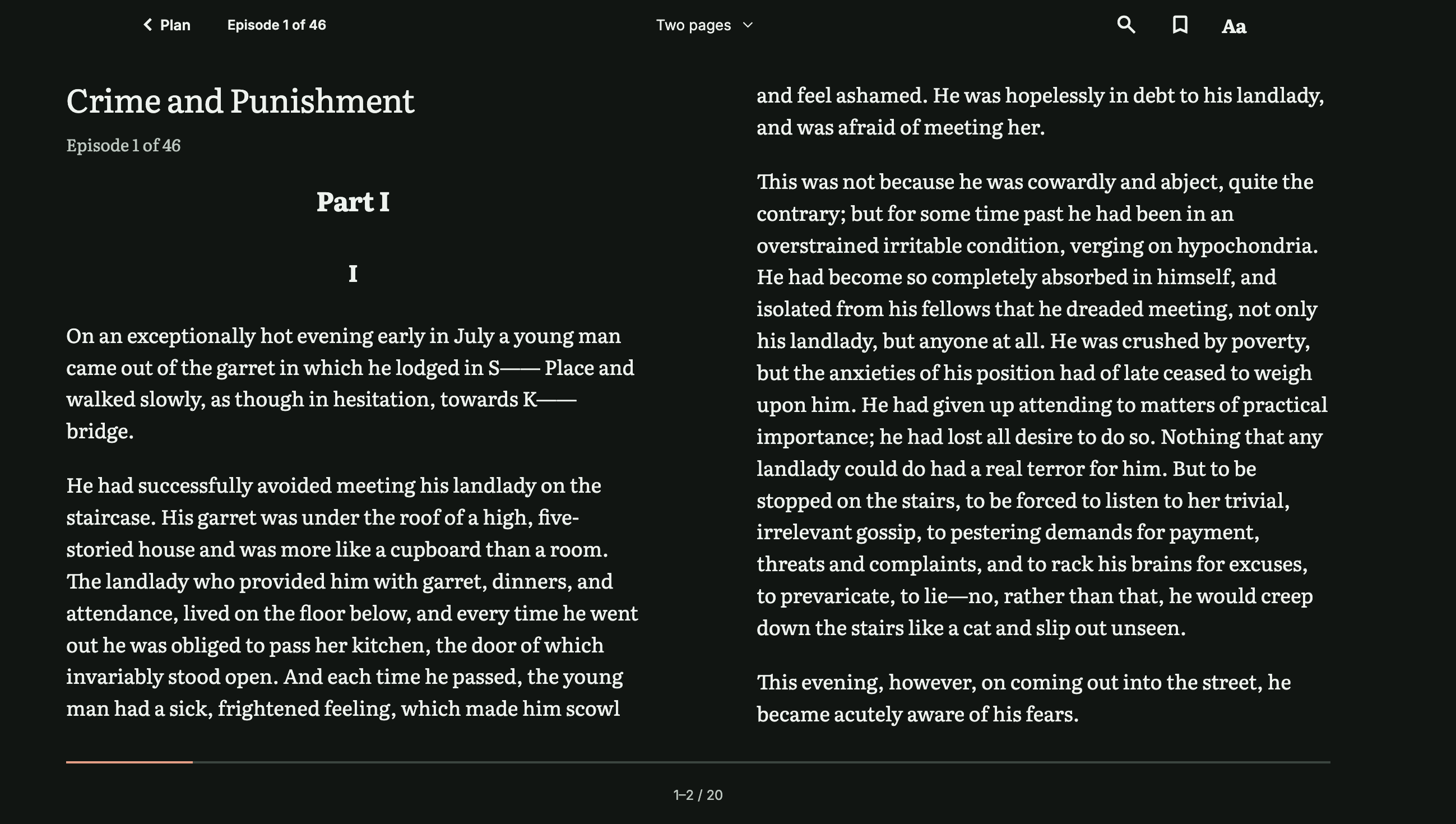 Crime and Punishment displayed across two pages in Kramena’s web reader