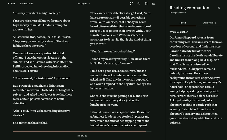 The Murder of Roger Ackroyd in the web reader, with a recap labeled Through Episode 1